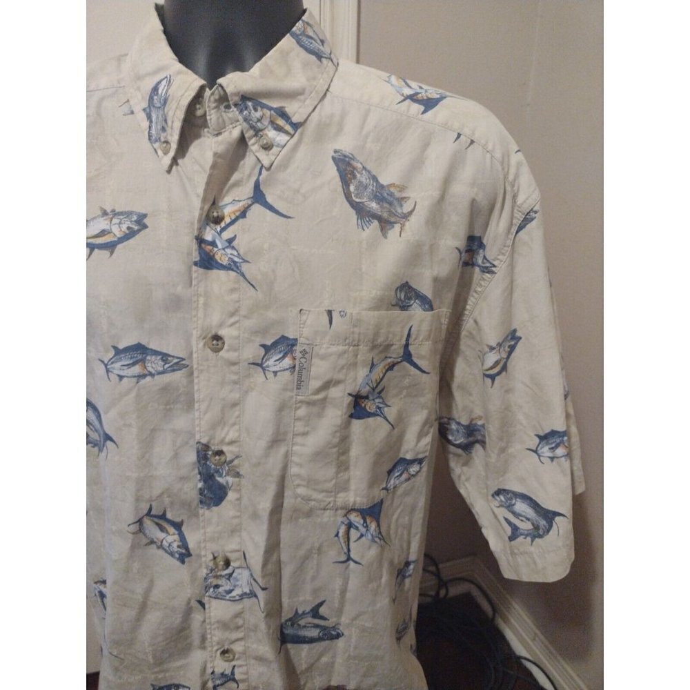 Columbia Sportswear Company Short Sleeve Fish Print Button Shirt Mens Large L - Picture 11 of 13